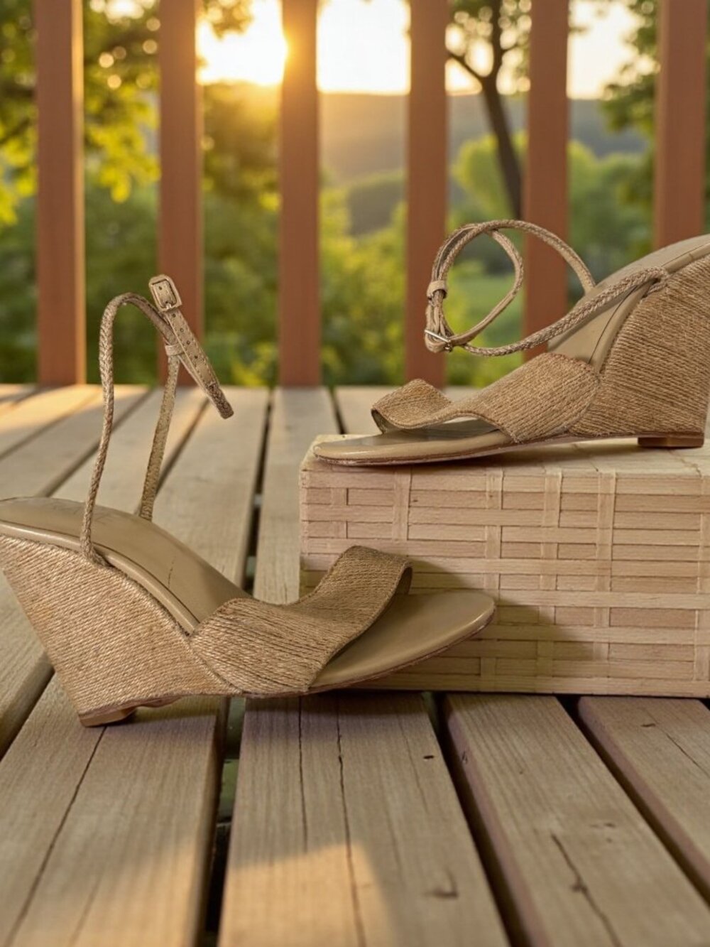 RAYE Straw Ankle Strap Wedges Sandals Size 9.5